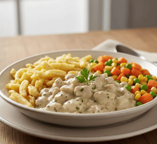 Kalkunstrimler i saus med spätzle og grønnsaker, 480 g skål - NORMAE