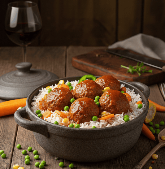 Kjøttbolleter med ris og grønnsaker, 800 g boks - NORMAE